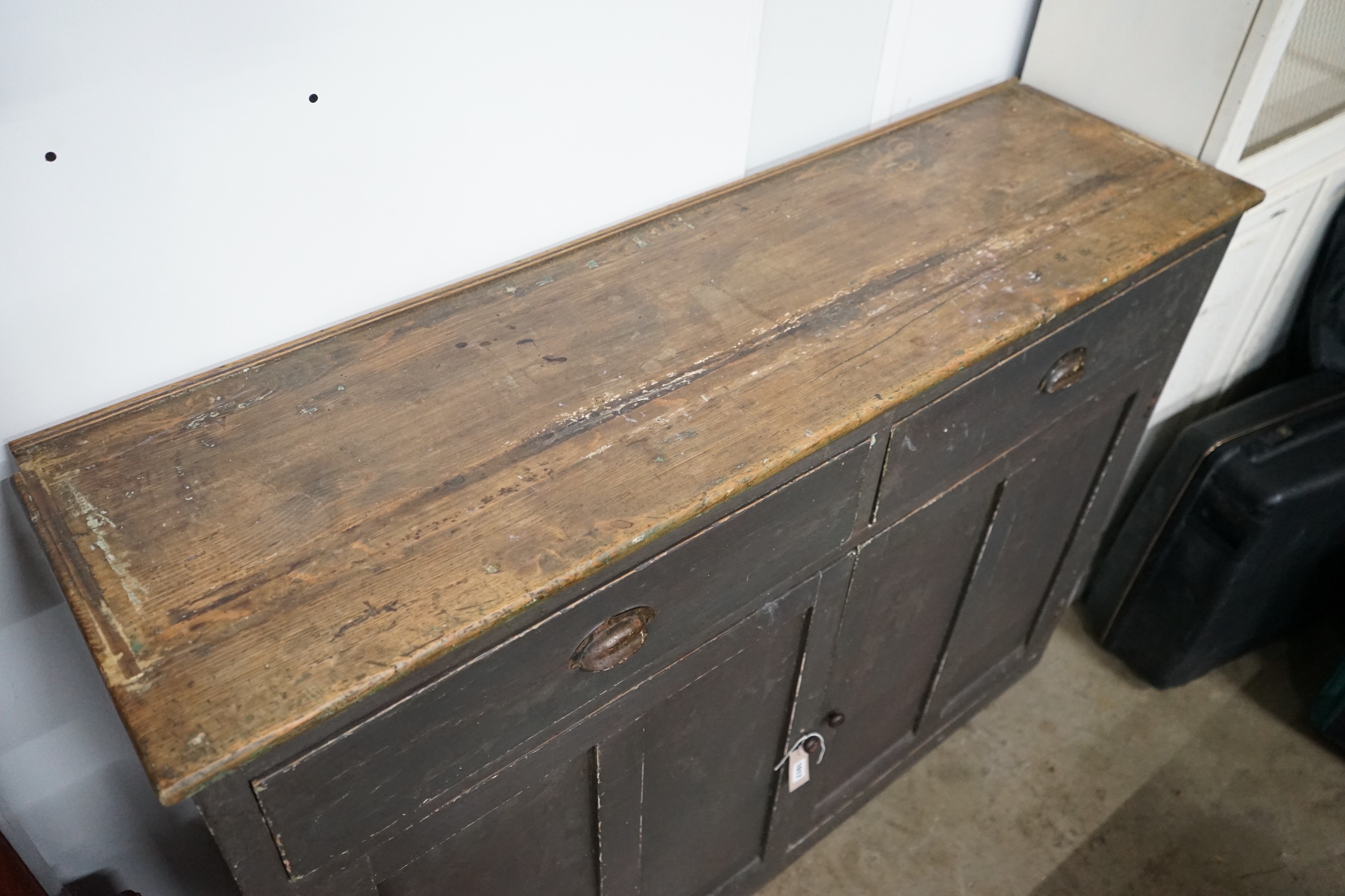 A Victorian painted pine side cabinet, width 140cm, depth 40cm, height 103cm